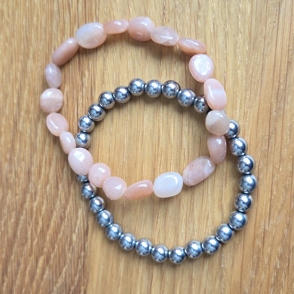 Silver Hematite & Orange Sunstone Bead Stretch Bracelet Set, Hand Crafted - Picture 11 of 13